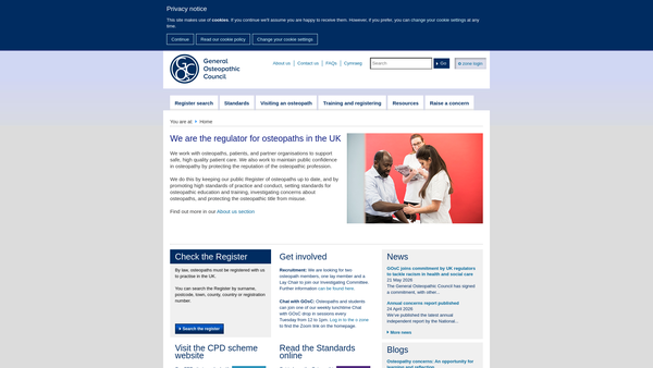 Screenshot of the General Osteopathic Council website