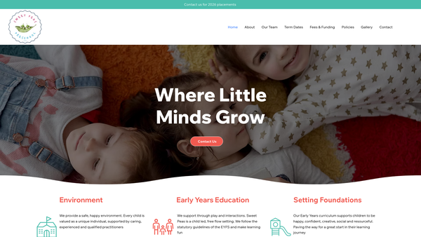Screenshot of the Sweet Peas Pre-School CIO website