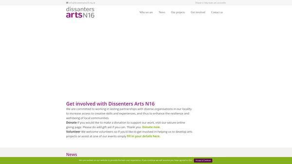 Screenshot of the Dissenters N16 Community Arts website