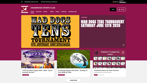 Screenshot of the Cranbrook Sports Club website