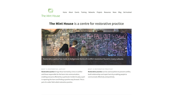 Screenshot of the The Mint House, Oxford Centre For Restorative Practice website