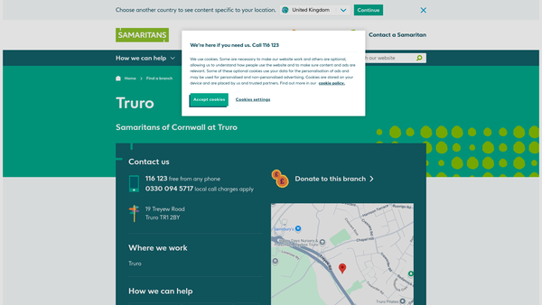 Screenshot of the Samaritans Of Cornwall At Truro website