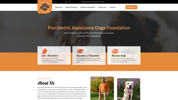 Screenshot of the Psychiatric Assistance Dogs Foundation website