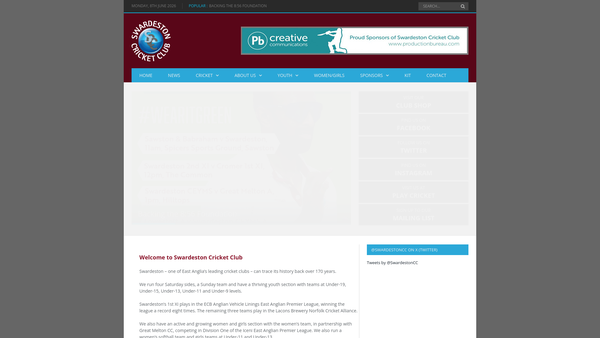 Screenshot of the Swardeston Cricket Club website