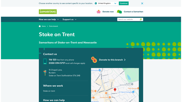 Screenshot of the Samaritans Of Stoke-On-Trent And Newcastle website