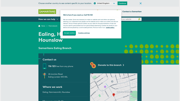 Screenshot of the Samaritans Ealing Branch website