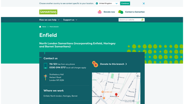 Screenshot of the North London Samaritans (Incorporating Enfield, Haringey And Barnet Samaritans) website