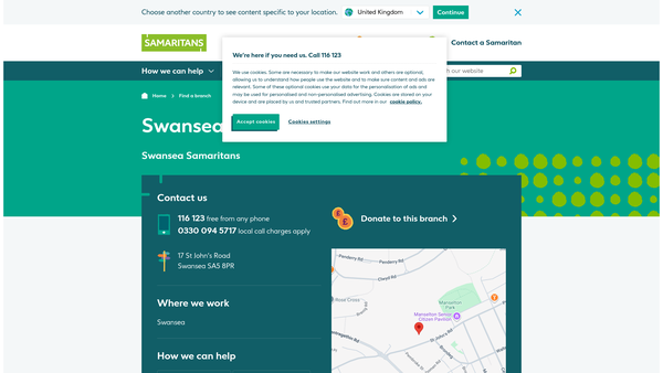 Screenshot of the Swansea Samaritans website