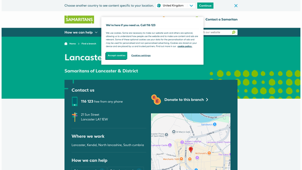 Screenshot of the Samaritans Of Lancaster & District website