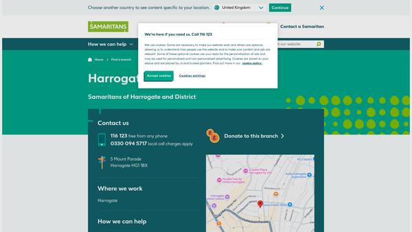 Screenshot of the Samaritans Of Harrogate And District website