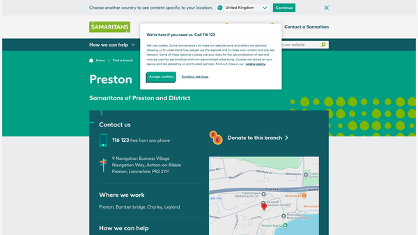 Screenshot of the Samaritans Of Preston And District website