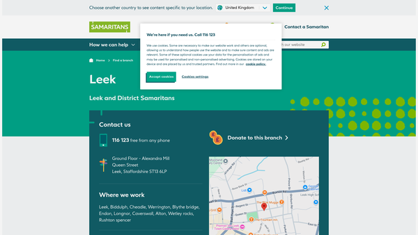 Screenshot of the Leek & District Samaritans website