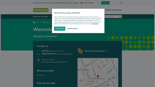 Screenshot of the Worcester Samaritans website