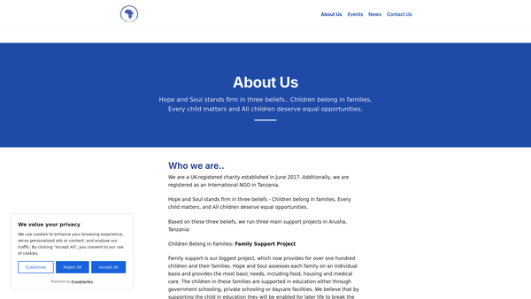 Screenshot of the Hope And Soul website