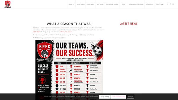Screenshot of the Kiveton Park FC 1892 website