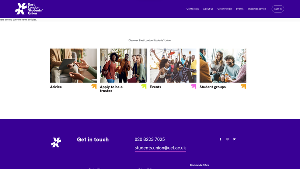 Screenshot of the University Of East London Students' Union website