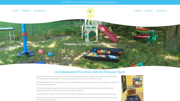 Screenshot of the Moonbeams Pre-School CIO website