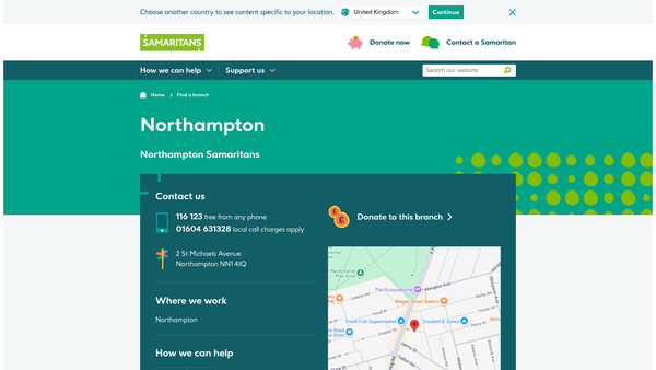 Screenshot of the Northampton Samaritans website