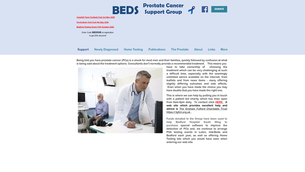 Screenshot of the Beds Prostate Cancer Support Group website