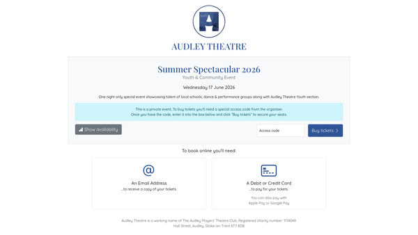 Screenshot of the The Audley Players' Theatre Club website