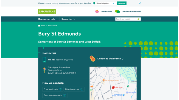 Screenshot of the Samaritans Of Bury St Edmunds And West Suffolk website