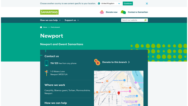 Screenshot of the Newport And Gwent Samaritans website