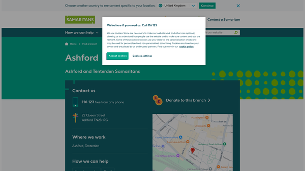 Screenshot of the Folkestone, Dover And Hythe Samaritans website