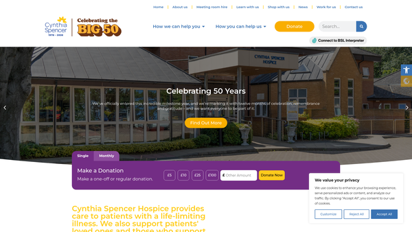 Screenshot of the Cynthia Spencer Hospice Charity website