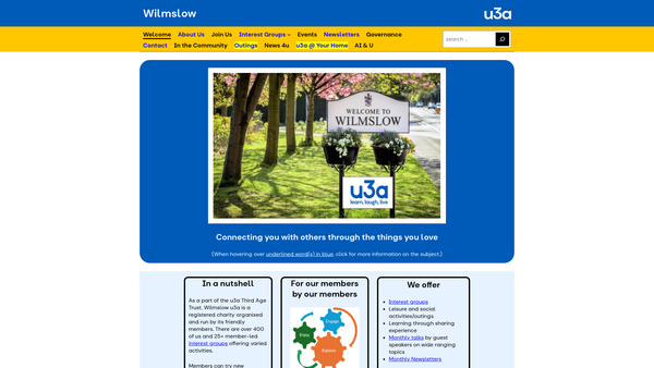 Screenshot of the Wilmslow University Of The Third Age (Wilmslow U3A) website