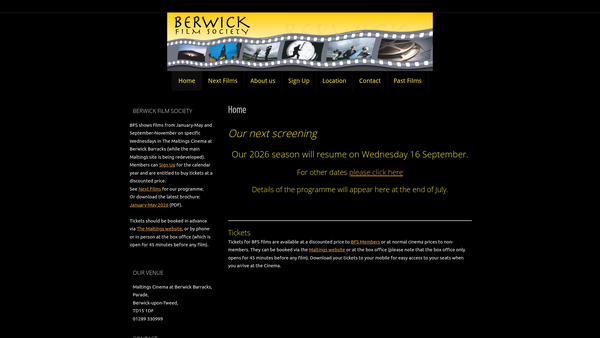 Screenshot of the Berwick Film Society website