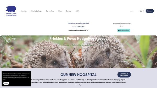 Screenshot of the Prickles And Paws Hedgehog Rescue website