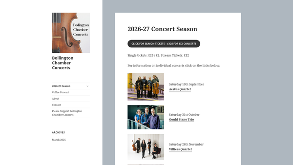 Screenshot of the Bollington Chamber Concerts website