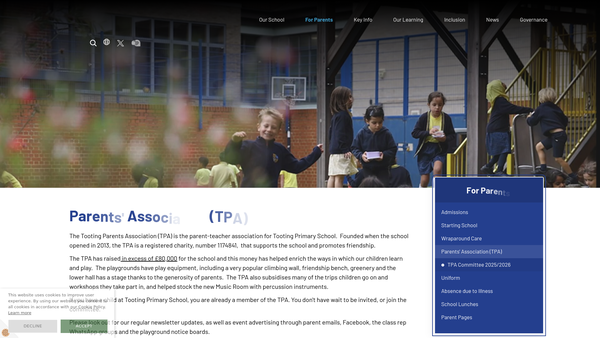 Screenshot of the Tooting Parents Association website