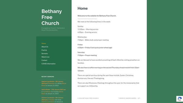 Screenshot of the Bethany Evangelical Church Clarbeston Road website