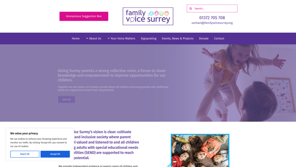 Screenshot of the Family Voice Surrey website
