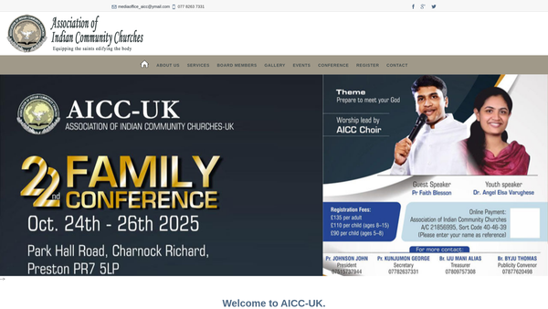 Screenshot of the Association Of Indian Community Churches website