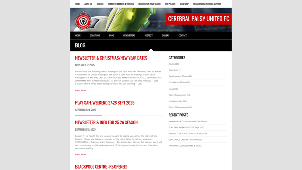 Screenshot of the Cerebral Palsy United Football Club website