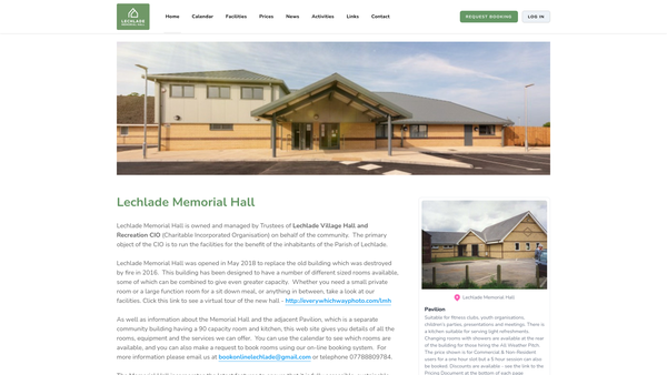 Screenshot of the Lechlade Village Hall And Recreation CIO website