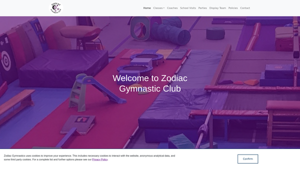 Screenshot of the Zodiac Gymnastics Club website