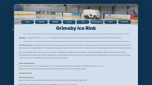 Screenshot of the Grimsby Ice Rink website