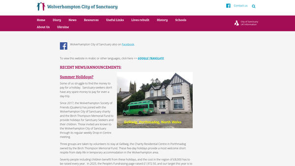 Screenshot of the Wolverhampton City Of Sanctuary website