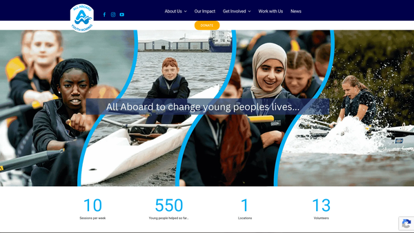 Screenshot of the All Aboard Youth Rowing website