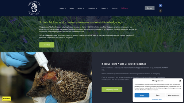Screenshot of the Suffolk Prickles Hedgehog Rescue website