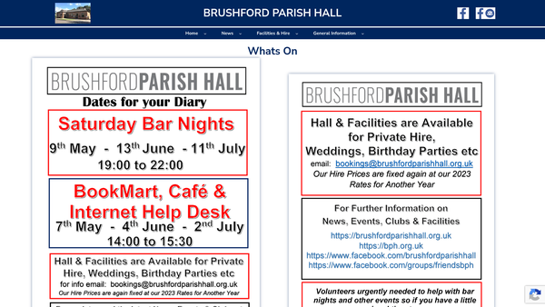 Screenshot of the Brushford Parish Hall CIO website