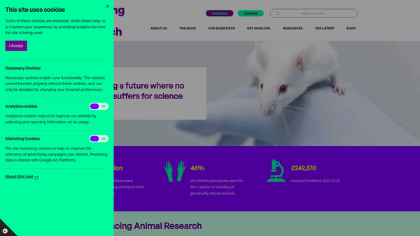 Screenshot of the Replacing Animal Research website