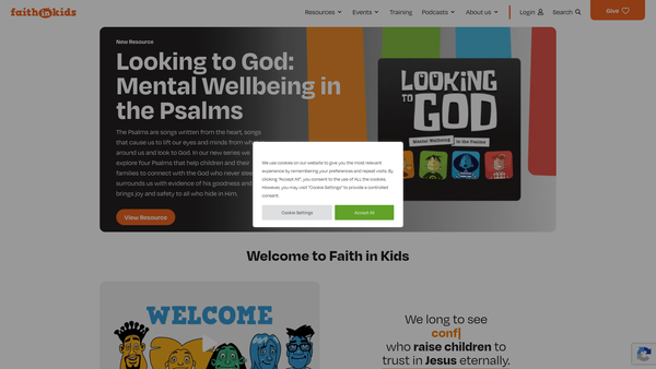 Screenshot of the Faith In Kids website