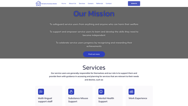 Screenshot of the All Saints Homeless Shelter website