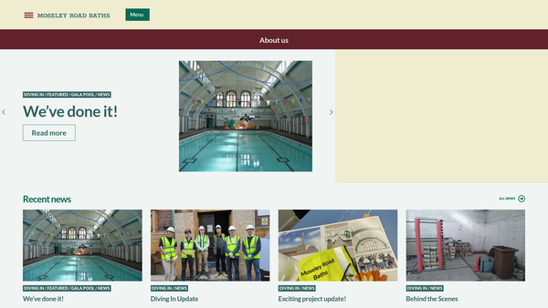 Screenshot of the Moseley Road Baths CIO website