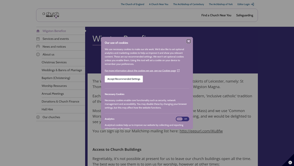 Screenshot of the Wigston Magna Parochial Church Council website