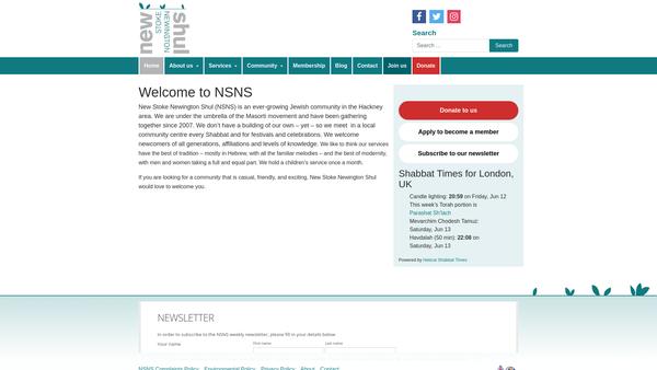 Screenshot of the New Stoke Newington Shul website